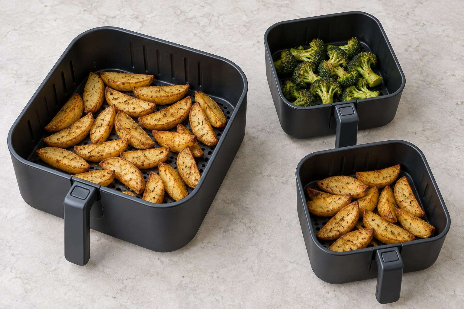 Ein großer und zwei kleinere Airfryer-Körbe nebeneinander