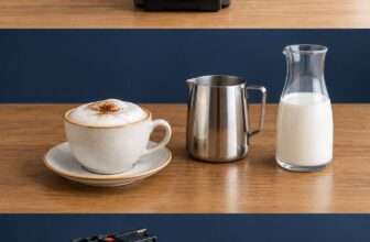 KI-Illustrationen: Kaffeevollautomat, Milchzubereitung und Reinigung