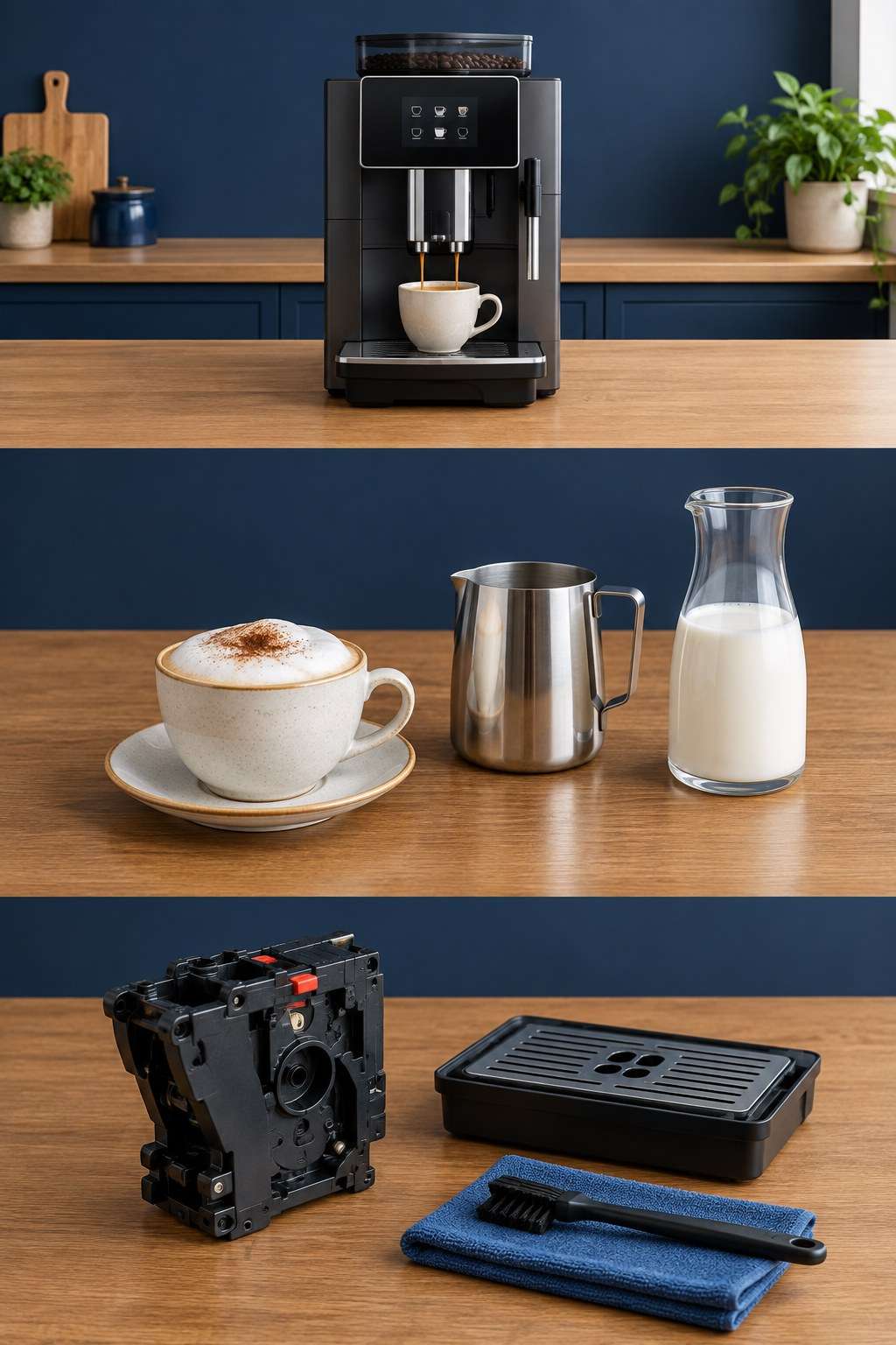 KI-Illustrationen: Kaffeevollautomat, Milchzubereitung und Reinigung